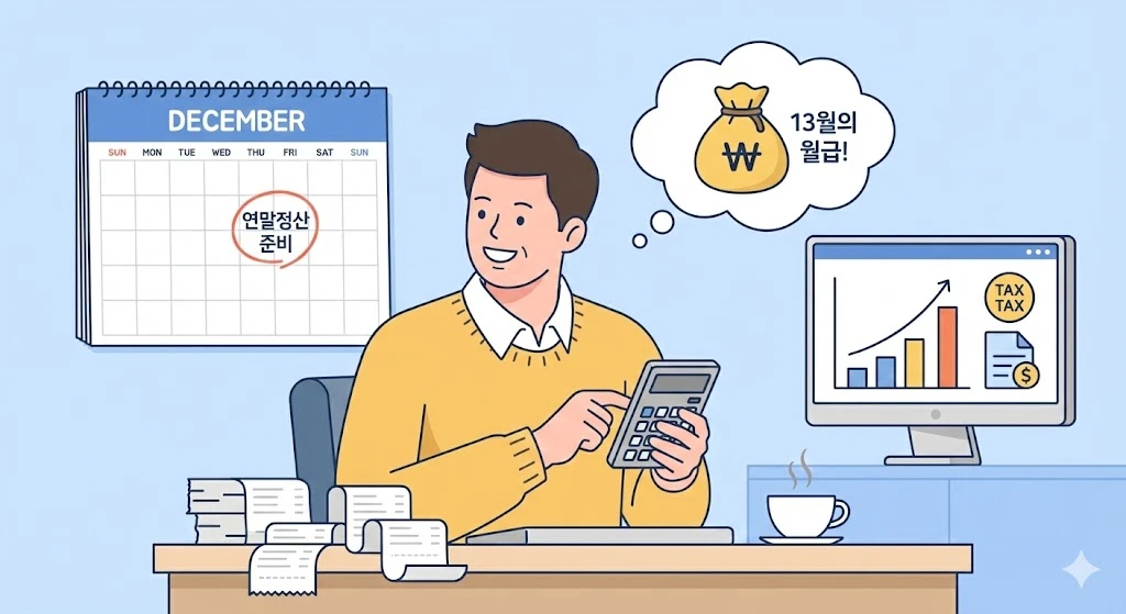 2025년 귀속 연말정산 준비를 하며 13월의 월급을 기대하는 직장인 아빠의 책상