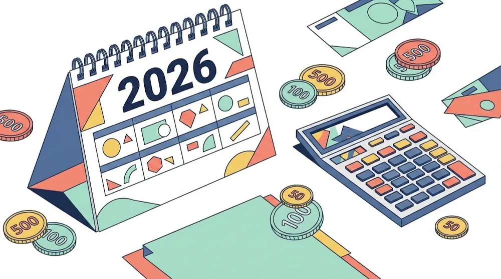 2026년 최저시급 인상을 상징하는 달력과 계산기 일러스트