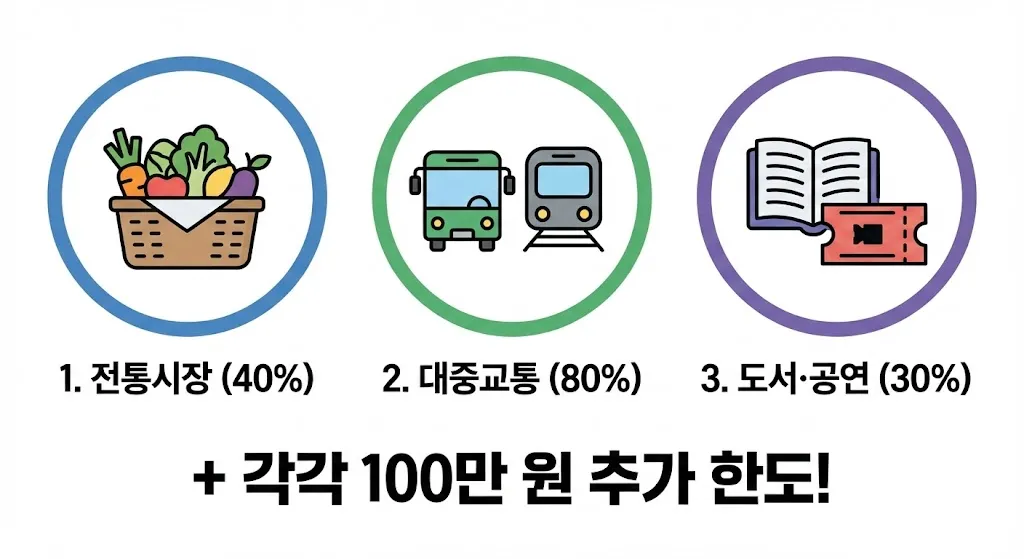 신용카드 소득공제 기본 한도 외 추가 공제 대상(전통시장, 대중교통, 문화비) 인포그래픽
