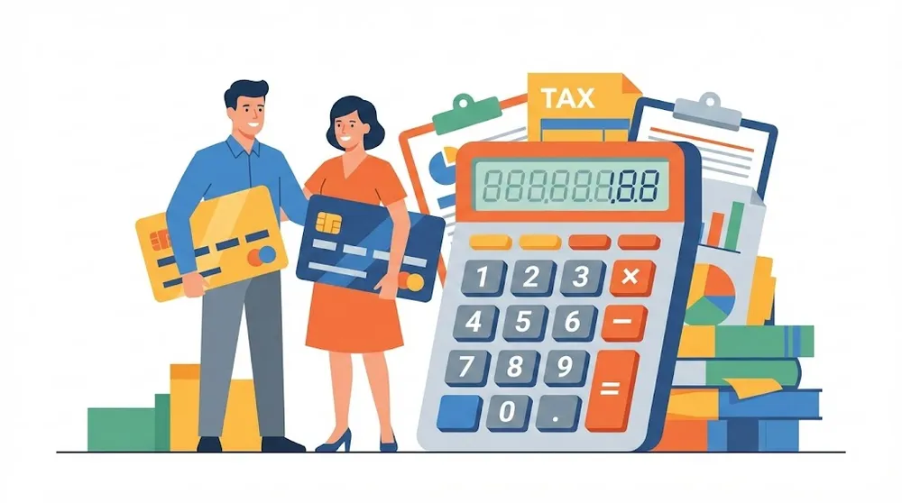 맞벌이 부부 연말정산 신용카드 공제 전략을 고민하는 부부와 계산기 일러스트