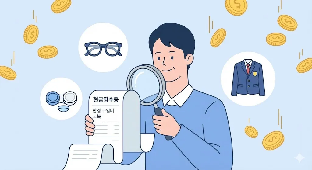 안경 렌즈 교복 구입비 연말정산 환급을 위해 꼼꼼히 영수증을 챙기는 개발자 아빠의 모습