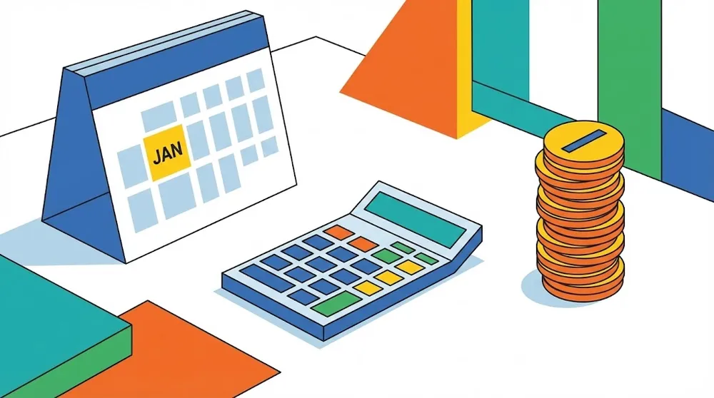 신입사원 연말정산의 기초인 13월의 월급 개념을 상징하는 달력과 계산기 일러스트