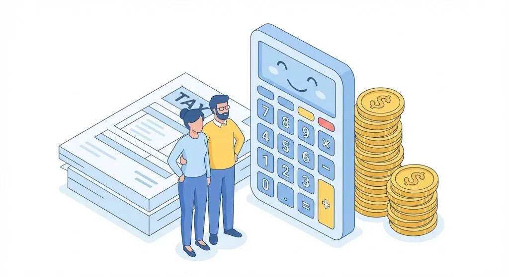 연말정산 의료비 공제 몰아서 받는 법을 고민하는 맞벌이 부부와 절세 계산기 일러스트