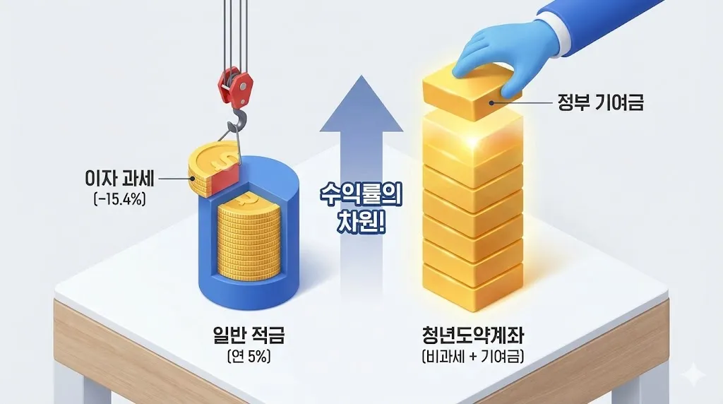 이자 과세가 있는 일반 적금과 비과세 및 정부 기여금이 더해진 청년도약계좌의 최종 수익금 크기 비교