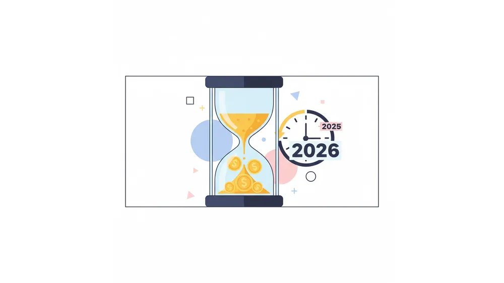 2026년 최저임금 시간당 10,320원 확정을 상징하는 시계와 동전 일러스트