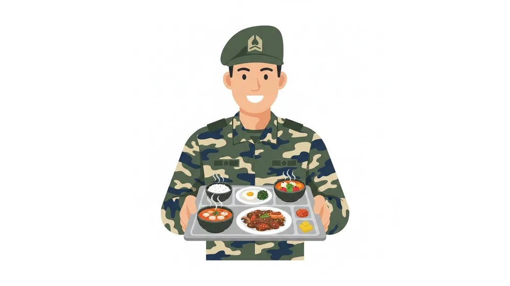 2026년 병사 급식비 인상을 상징하는 군인과 풍성한 식판 일러스트