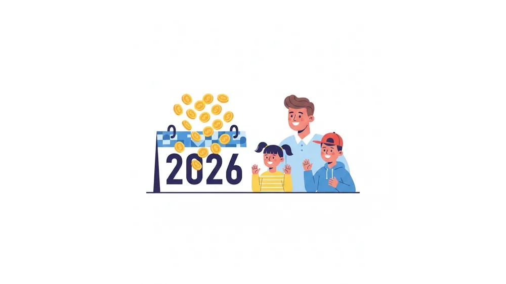 2026년 연말정산 자녀세액공제 인상을 기뻐하는 가족과 금전적 혜택을 상징하는 일러스트