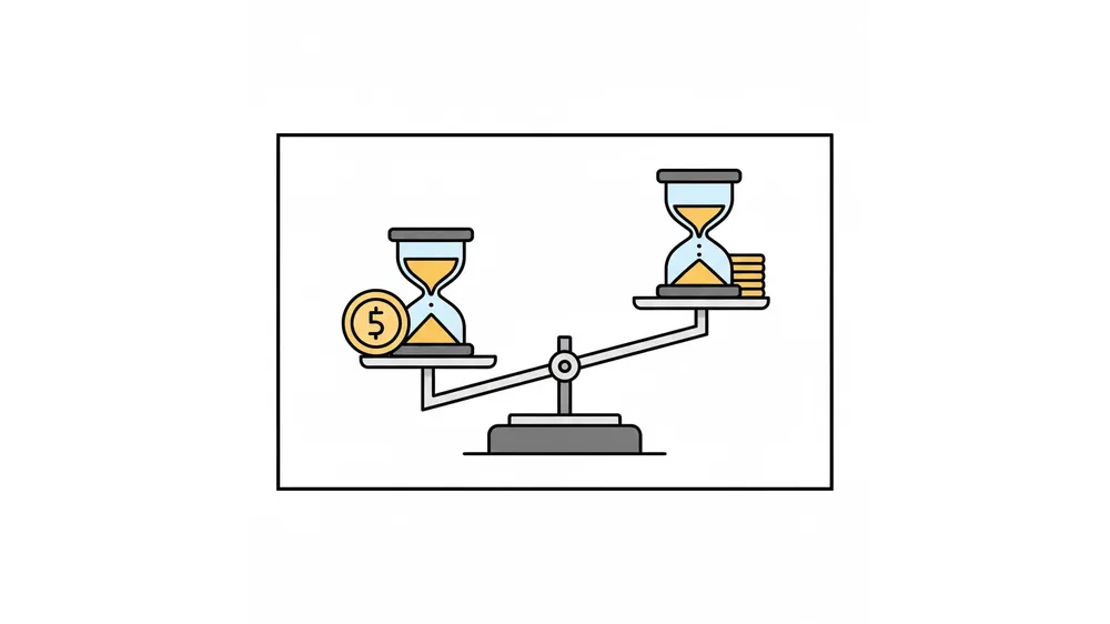 2026년 청년미래적금과 청년도약계좌의 기간을 비교하는 저울 일러스트