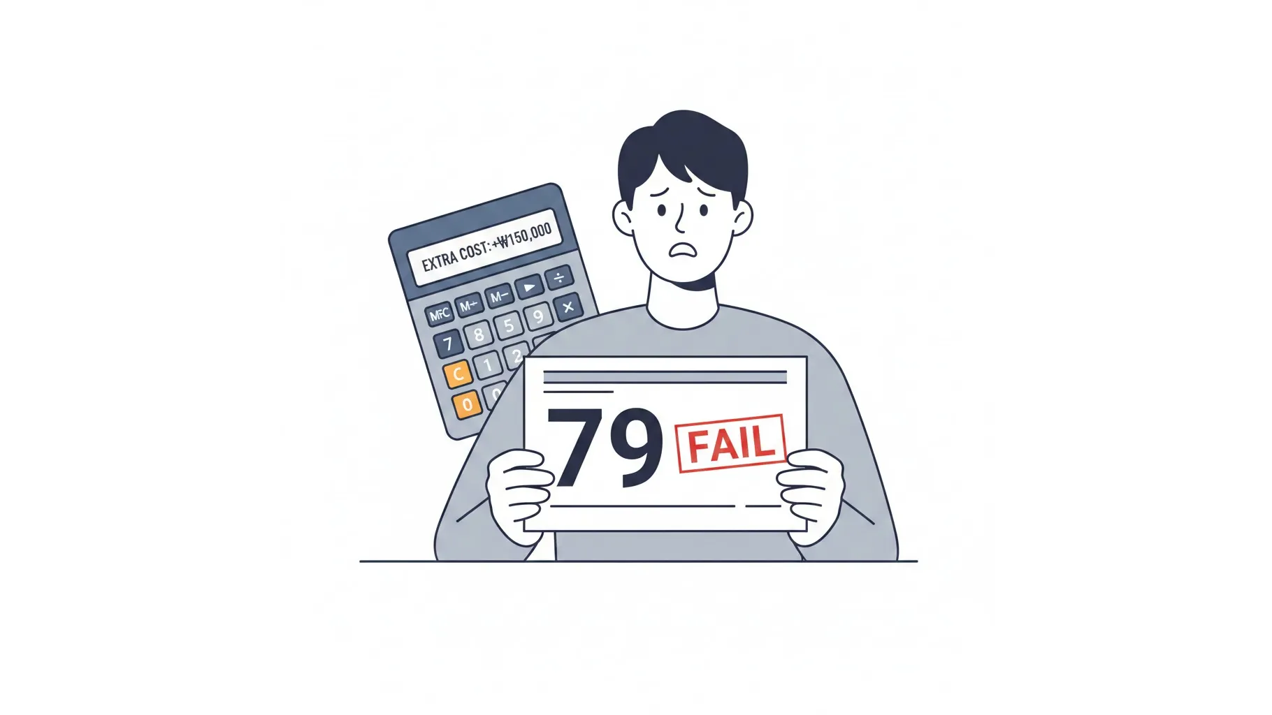 요양보호사 실습 점수 80점 미만으로 불합격하여 추가 비용을 걱정하는 교육생 일러스트