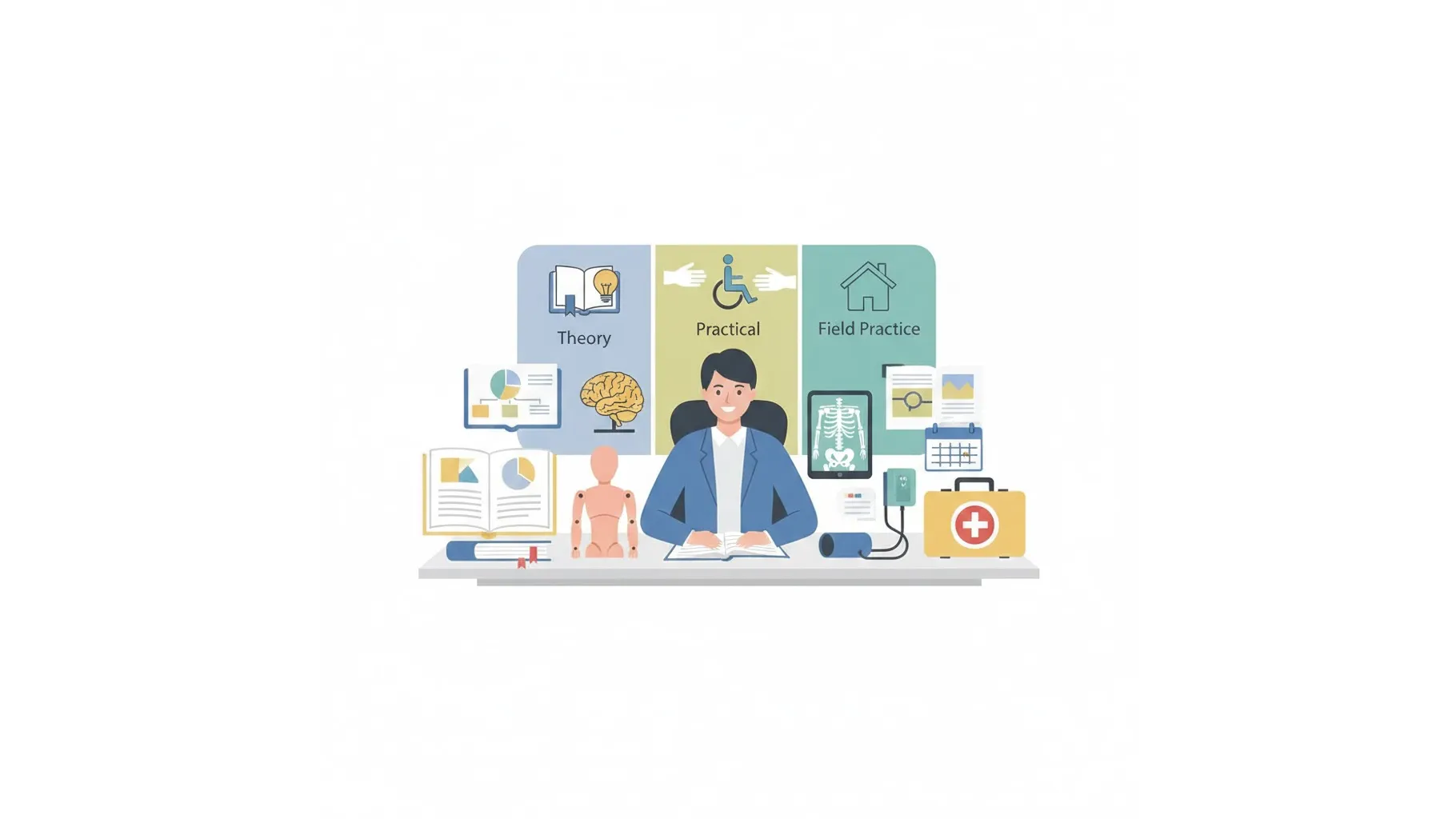 요양보호사 320시간 표준교육과정을 나타내는 학습자와 다양한 교구 일러스트