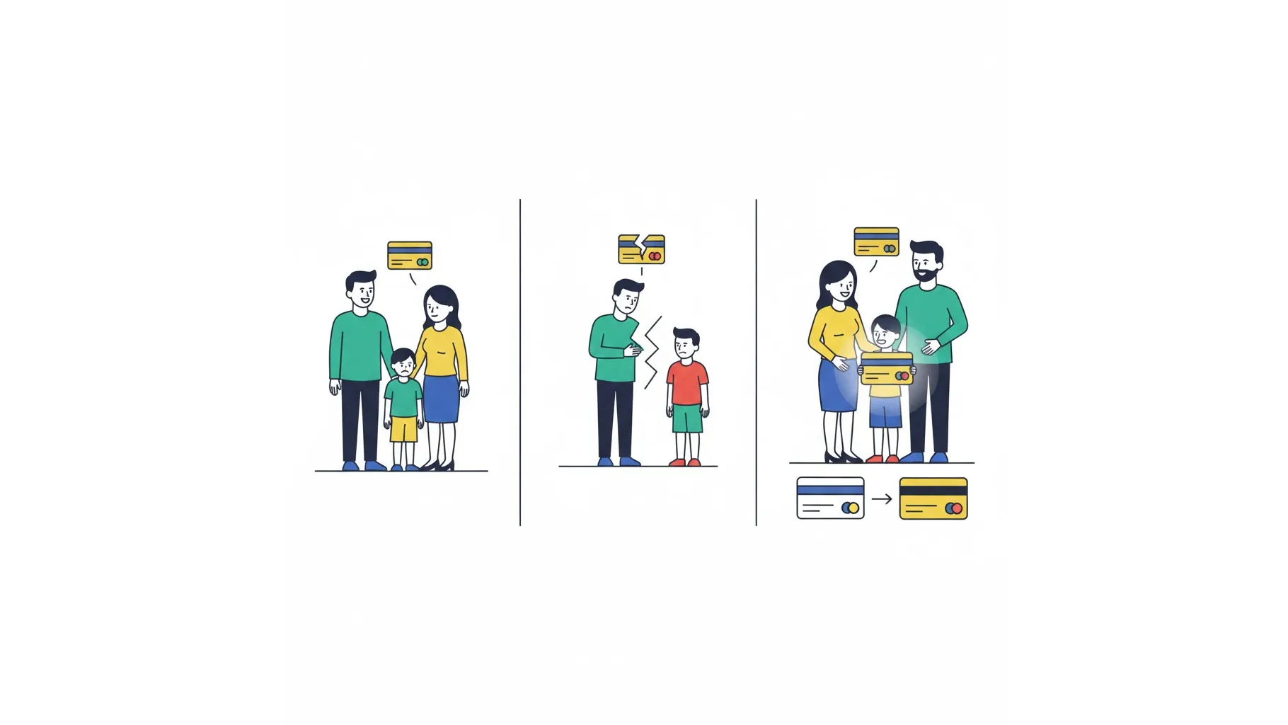 이혼 재혼으로 인한 보호자 변경 시 바우처 잔액 이전 과정을 보여주는 일러스트