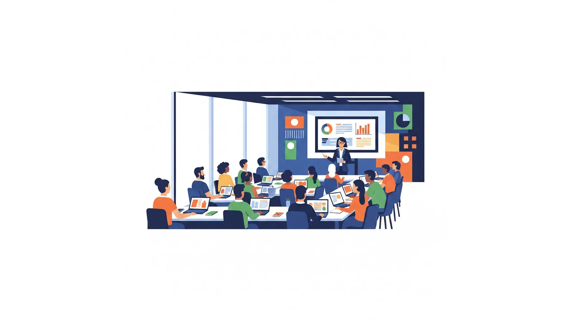 외국인 요양보호사 양성대학 강의실에서 수업을 듣는 유학생들 일러스트