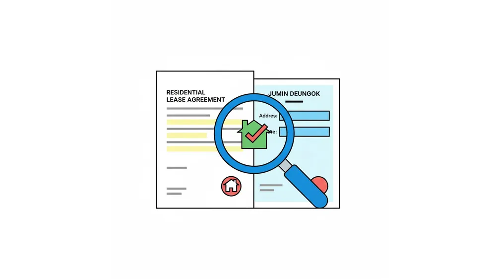 월세 세액공제 신청을 위한 임대차계약서와 전입신고 서류 확인 일러스트